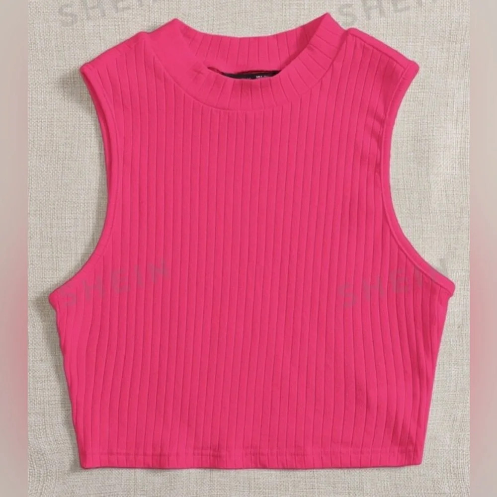 Hot Pink Ribbed Sleeveless Crop Top | Size L | Stretchy & Stylish